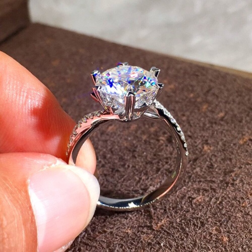 💍MOISSANITE SILVER ROUND TWISTED BIG FLOWER SOLITAIRE ENGAGEMENT RING, K758 - Picture 6 of 11
